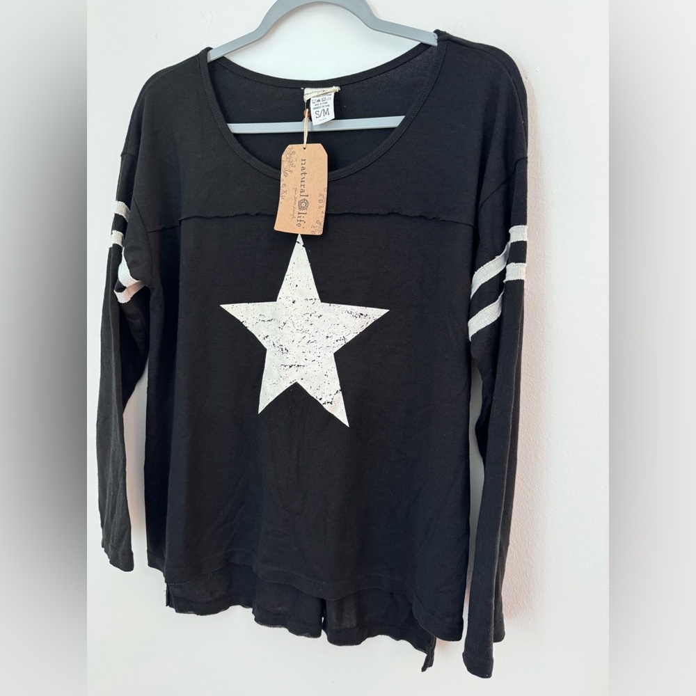 Natural life raw edge long sleeve top s/m nwt black